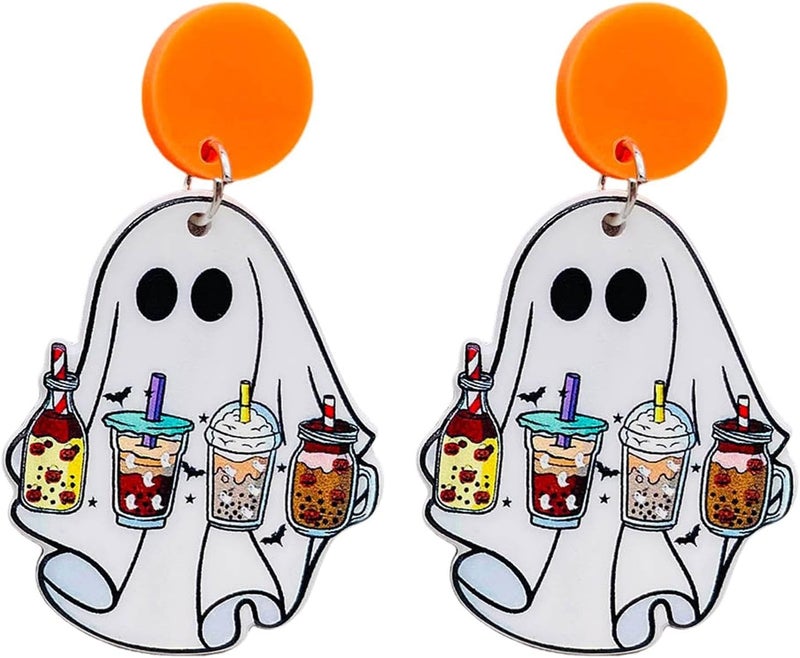 Colorful Halloween Resin Acrylic Dangle Earrings Cute Pumpkin Ghost Cat Bat Eye Spider Earrings for Women Girls Jewelry